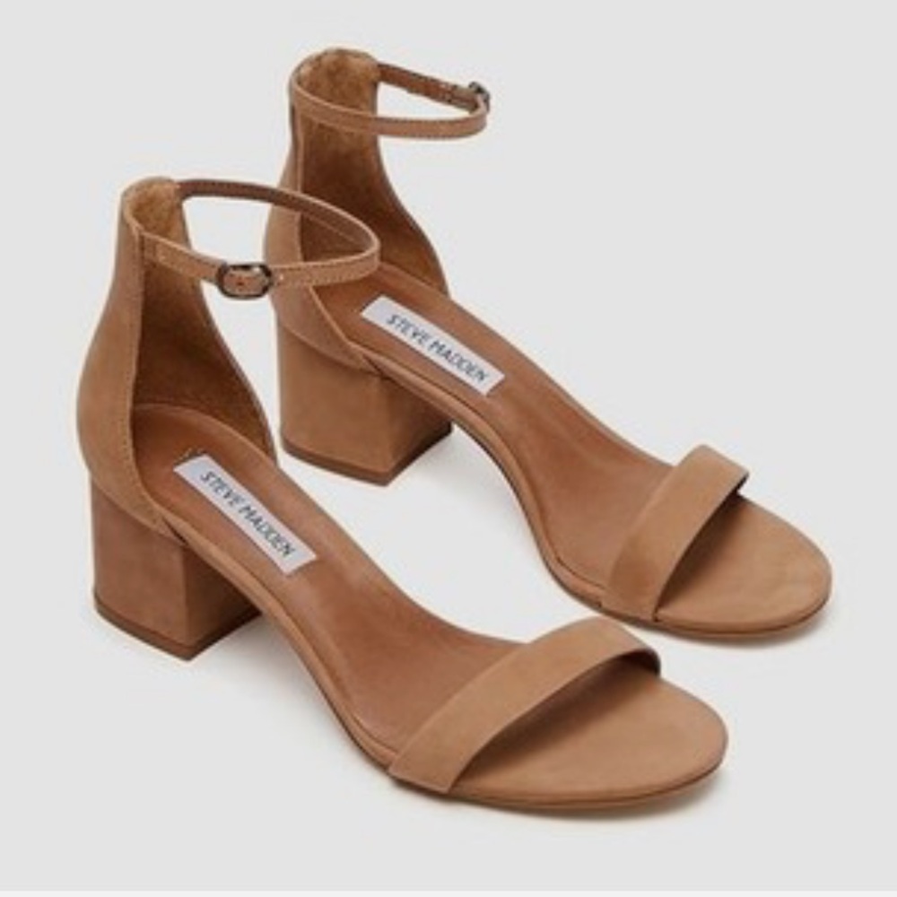 Steve Madden Irenee Heeled Sandal in Tan Nubuck Leather. Women's Size: 7.